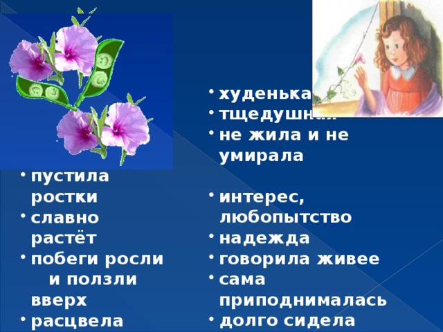 худенькая тщедушная не жила и не умирала  интерес, любопытство надежда говорила живее сама приподнималась долго сидела глазки блестели румяная, здоровая с сияющими глазами  пустила ростки славно растёт побеги росли и ползли вверх расцвела 