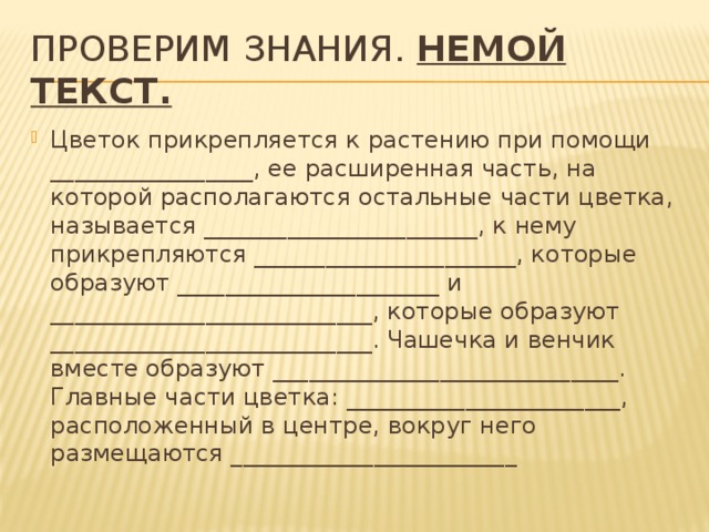 Проверим знания. Немой текст. Цветок прикрепляется к растению при помощи _________________, ее расширенная часть, на которой располагаются остальные части цветка, называется _______________________, к нему прикрепляются ______________________, которые образуют ______________________ и ___________________________, которые образуют ___________________________. Чашечка и венчик вместе образуют _____________________________. Главные части цветка: _______________________, расположенный в центре, вокруг него размещаются ________________________ 