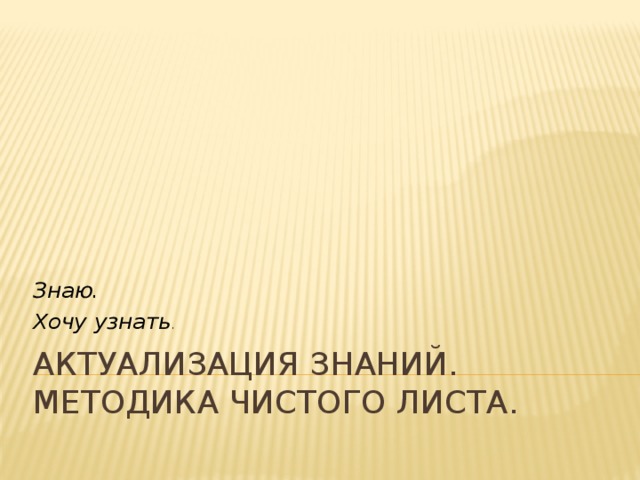 Знаю. Хочу узнать . Актуализация знаний. Методика чистого листа. 