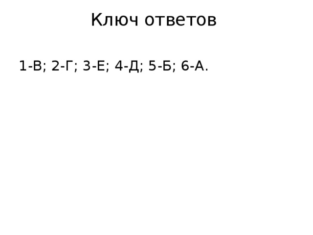 Ключ ответов   1-В; 2-Г; 3-Е; 4-Д; 5-Б; 6-А.   