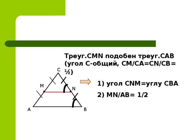 Треуг.СМ N подобен  треуг.С AB ( угол C -общий, CM/CA=CN/CB= ½ )  1)  угол CNM= углу СВА  2) MN/AB= 1/2    C M N A B 