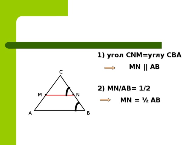  1)  угол CNM= углу СВА  MN || AB  C 2) MN/AB= 1/2  MN = ½ AB M N B A 