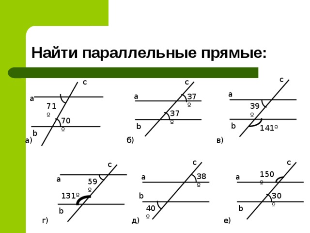 Найти параллельные прямые: c c c a a 37º a 71º 39º 37º 70º b b 141º b б) в) a) c c c 150º 38º a a a 59º 30º b 131º 40º b b е) г) д) 