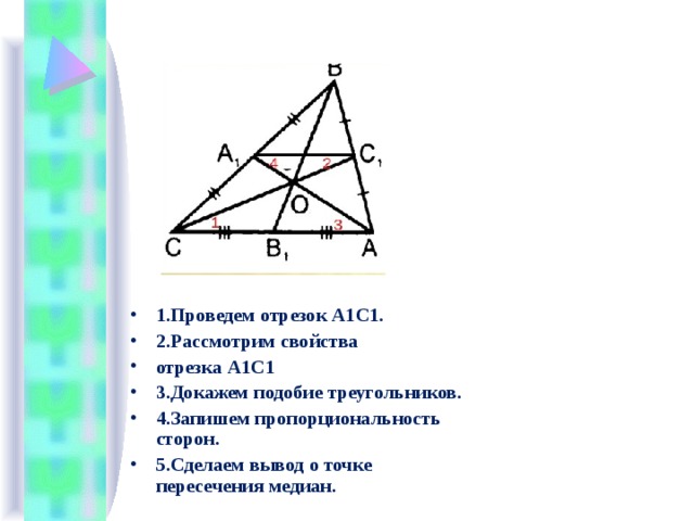 1.Проведем отрезок А1С1. 2.Рассмотрим свойства отрезка А1С1 3.Докажем подобие треугольников. 4.Запишем пропорциональность сторон. 5.Сделаем вывод о точке пересечения медиан.   