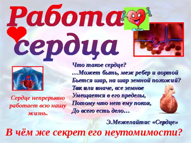 Что такое сердце?  …Может быть, меж ребер и аортой  Бьется шар, на шар земной похожий?  Так или иначе, все земное  Умещается в его пределы,  Потому что нет ему покоя,  До всего есть дело… Сердце непрерывно работает всю нашу жизнь. Э.Межелайтис «Сердце» В чём же секрет его неутомимости? 
