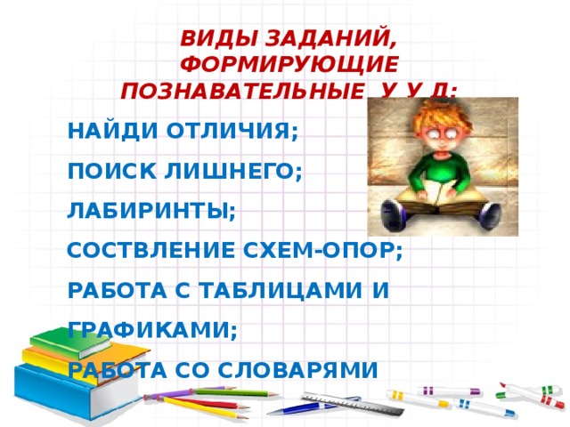 ВИДЫ ЗАДАНИЙ, ФОРМИРУЮЩИЕ ПОЗНАВАТЕЛЬНЫЕ У У Д: НАЙДИ ОТЛИЧИЯ; ПОИСК ЛИШНЕГО; ЛАБИРИНТЫ; СОСТВЛЕНИЕ СХЕМ-ОПОР;  РАБОТА С ТАБЛИЦАМИ И ГРАФИКАМИ; РАБОТА СО СЛОВАРЯМИ  