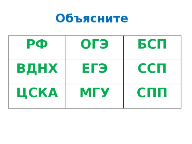 Объясните РФ ОГЭ ВДНХ БСП ЕГЭ ЦСКА МГУ ССП СПП