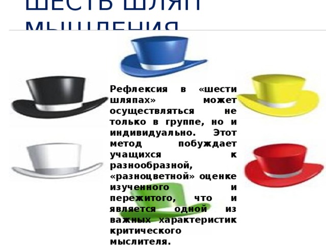 ШЕСТЬ ШЛЯП МЫШЛЕНИЯ Рефлексия в «шести шляпах» может осуществляться не только в группе, но и индивидуально. Этот метод побуждает учащихся к разнообразной, «разноцветной» оценке изученного и пережитого, что и является одной из важных характеристик критического мыслителя. 
