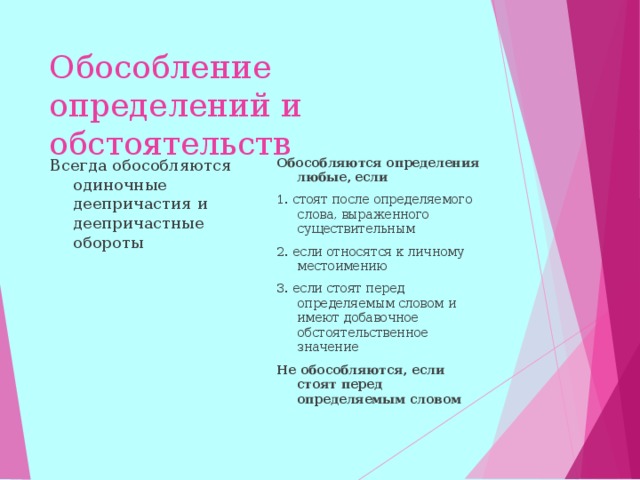 Обособление определений и обстоятельств Всегда обособляются одиночные деепричастия и деепричастные обороты Обособляются определения любые, если 1. стоят после определяемого слова, выраженного существительным 2. если относятся к личному местоимению 3. если стоят перед определяемым словом и имеют добавочное обстоятельственное значение Не обособляются, если стоят перед определяемым словом  