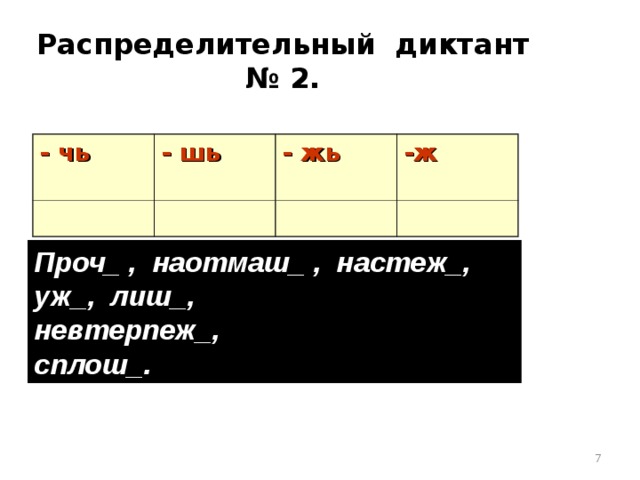 Распределительный диктант № 2. - чь - шь - жь -ж Проч_ , наотмаш_ , настеж_, уж_, лиш_, невтерпеж_, сплош_.  