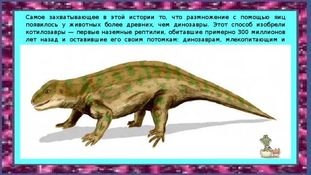 Самое захватывающее в этой истории то, что размножение с помощью яиц появилось у животных более древних, чем динозавры. Этот способ изобрели котилозавры — первые наземные рептилии, обитавшие примерно 300 миллионов лет назад и оставившие его своим потомкам: динозаврам, млекопитающим и птицам. 