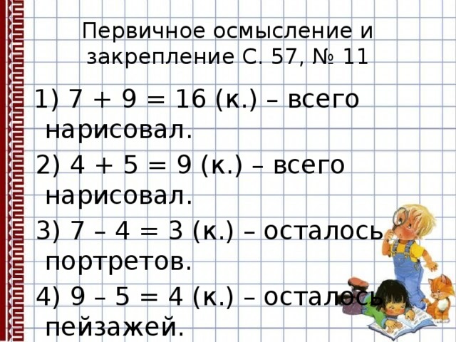 Первичное осмысление и закрепление С. 57, № 11  1) 7 + 9 = 16 (к.) – всего нарисовал.  2) 4 + 5 = 9 (к.) – всего нарисовал.  3) 7 – 4 = 3 (к.) – осталось портретов.  4) 9 – 5 = 4 (к.) – осталось пейзажей.  5) 4 – 3 = 1 (к.) – меньше осталось  портретов. 