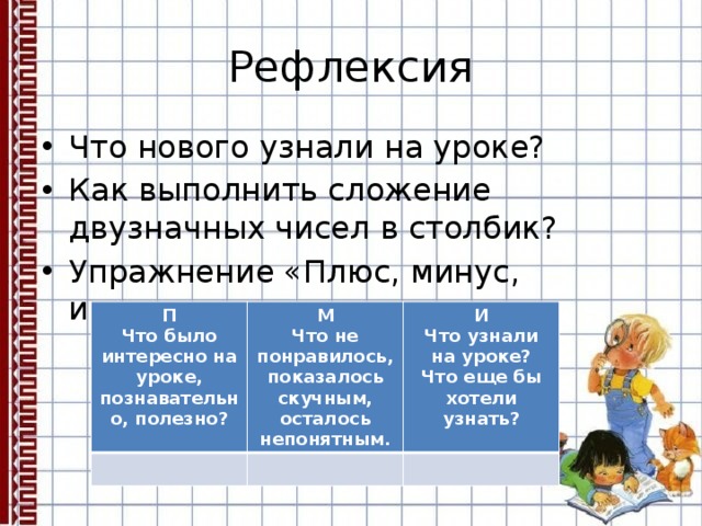 Рефлексия Что нового узнали на уроке? Как выполнить сложение двузначных чисел в столбик? Упражнение «Плюс, минус, интересно» П Что было интересно на уроке, познавательно, полезно? М И Что не понравилось, показалось скучным, осталось непонятным. Что узнали на уроке? Что еще бы хотели узнать? 