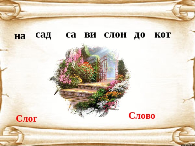 Сад слов. Слоги в слове слон. Слово слон по слогам. Слове сад один слог. Слоник на слоги