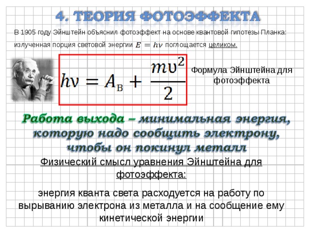 Квантовое объяснение фотоэффекта. Физический смысл формулы Эйнштейна для фотоэффекта. Формула Эйнштейна для фотоэффекта и ее физическая суть. Физический смысл уравнения фотоэффекта. Физический смысл уравнения Эйнштейна для фотоэффекта.