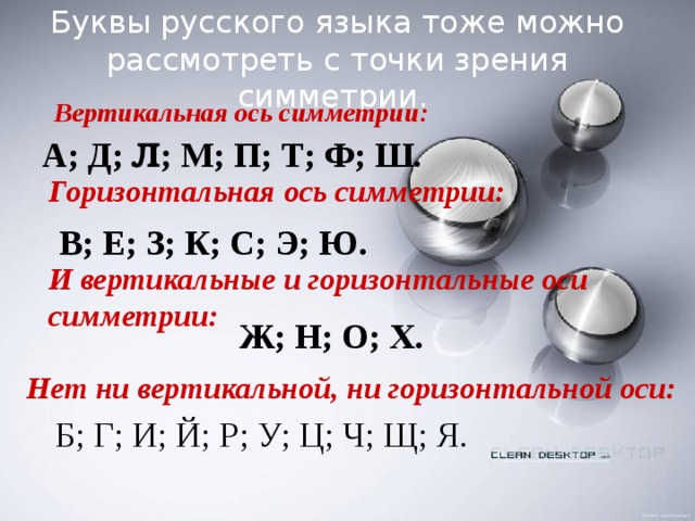 Буквы русского языка тоже можно рассмотреть с точки зрения симметрии. Вертикальная ось симметрии: А; Д; Л ; М; П; Т; Ф; Ш. Горизонтальная ось симметрии: В; Е; З; К; С; Э; Ю. И вертикальные и горизонтальные оси симметрии: Ж; Н; О; Х. Нет ни вертикальной, ни горизонтальной оси: Б; Г; И; Й; Р; У; Ц; Ч; Щ; Я. 