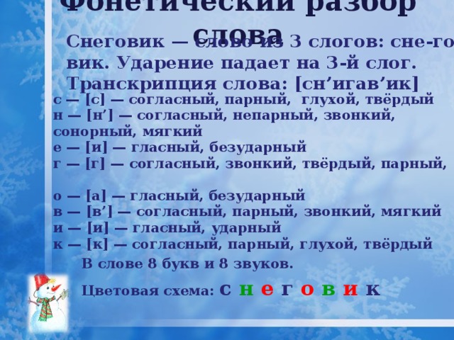 Фонетический слова солнца. Фонетический разбор слова Снеговик. Звуковой анализ слова Снеговик. Снеговик разбор слова по звукам. Фонетический анализ слова Снеговик.