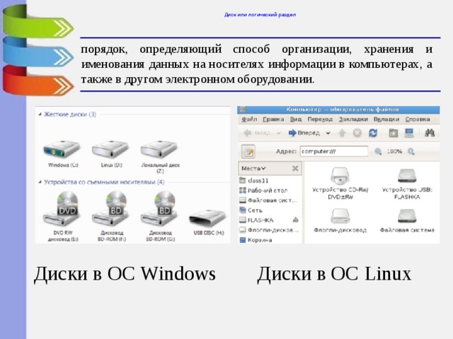 Диск или логический раздел порядок, определяющий способ организации, хранения и именования данных на носителях информации в компьютерах, а также в другом электронном оборудовании. Диски в ОС Windows Диски в ОС Linux 