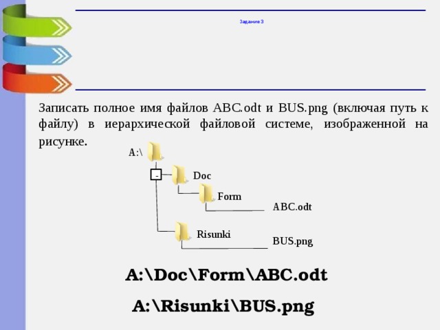 Задание 3 Записать полное имя файлов ABC.odt и BUS.png (включая путь к файлу) в иерархической файловой системе, изображенной на рисунке . A:\ Doc - Form ABC.odt Risunki BUS.png А:\Doc\Form\ABC.odt А:\Risunki\BUS.png 