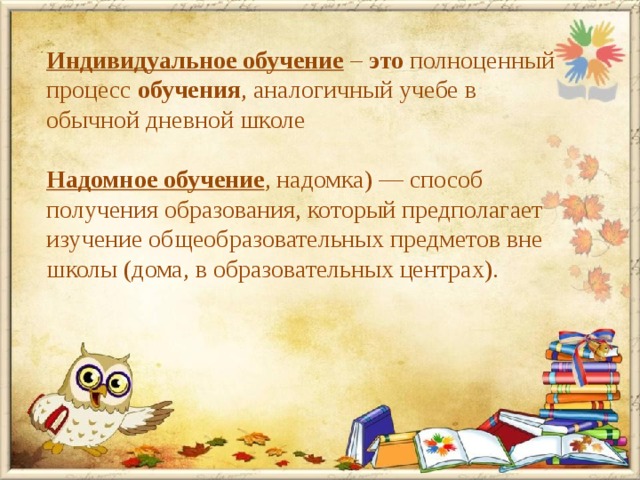 Индивидуальное   обучение  –  это  полноценный процесс  обучения , аналогичный учебе в обычной дневной школе  Надомное   обучение , надомка) — способ получения образования, который предполагает изучение общеобразовательных предметов вне школы (дома, в образовательных центрах). 