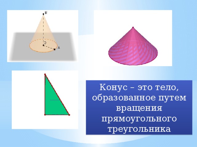 Конус – это тело, образованное путем вращения прямоугольного треугольника 