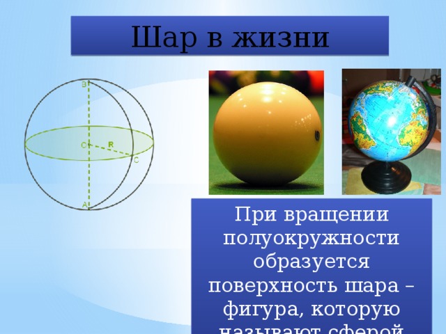 Шар в жизни При вращении полуокружности образуется поверхность шара – фигура, которую называют сферой 