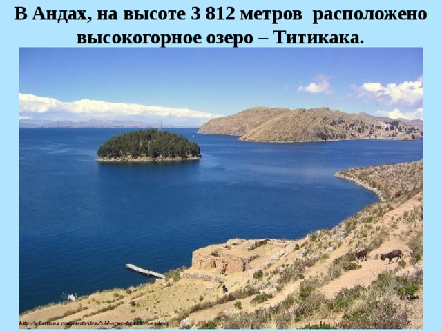 В Андах, на высоте 3 812 метров  расположено высокогорное озеро – Титикака. 