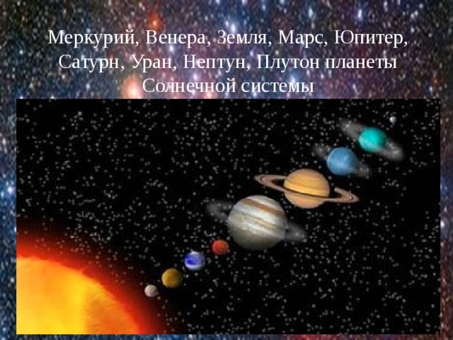 Меркурий, Венера, Земля, Марс, Юпитер, Сатурн, Уран, Нептун, Плутон планеты Солнечной системы 