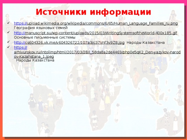 Источники информации https:// upload.wikimedia.org/wikipedia/commons/6/65/Human_Language_Families_ru.png География языковых семей http:// manuscript.su/wp-content/uploads/2015/03/WritingSystemsoftheWorld-400x185.gif Основные письменные системы http:// cs604326.vk.me/v604326722/107a3/c37Vnf3v9Z8.jpg Народы Казахстана https:// arhivurokov.ru/intolimp/html/2017/03/28/i_58da8a2de4469/php0e5qK2_Den-yazykov-narodov-Kazahstana_1.jpeg Народы Казахстана 