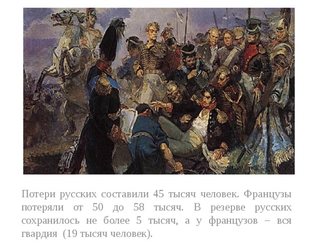 Потери русских составили 45 тысяч человек. Французы потеряли от 50 до 58 тысяч. В резерве русских сохранилось не более 5 тысяч, а у французов – вся гвардия (19 тысяч человек). 
