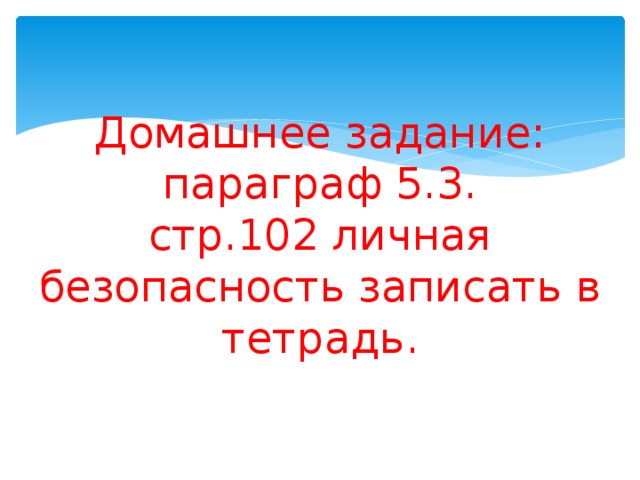 Домашнее задание: параграф 5.3.  стр.102 личная безопасность записать в тетрадь. 