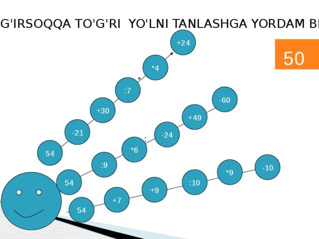 BO'G'IRSOQQA TO'G'RI YO'LNI TANLASHGA YORDAM BERING +24 50 *4 * :7 -60 +30 +49 -21 -24 1 : *6 54 :9 -10 *9 :10 54 +9 +7 54 