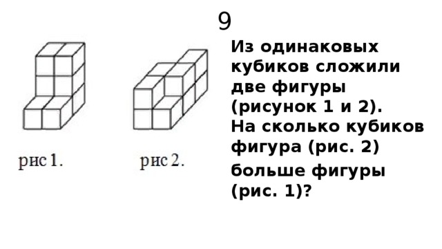 9 Из одинаковых кубиков сложили две фигуры (рисунок 1 и 2).  На сколько кубиков фигура (рис. 2) больше фигуры (рис. 1)? 