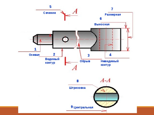 5 7 Сечение Размерная 6 Выносная 1 2 4 Осевая 3 Видимый контур Обрыв Невидимый контур 8 Штриховка 9 Центральная 