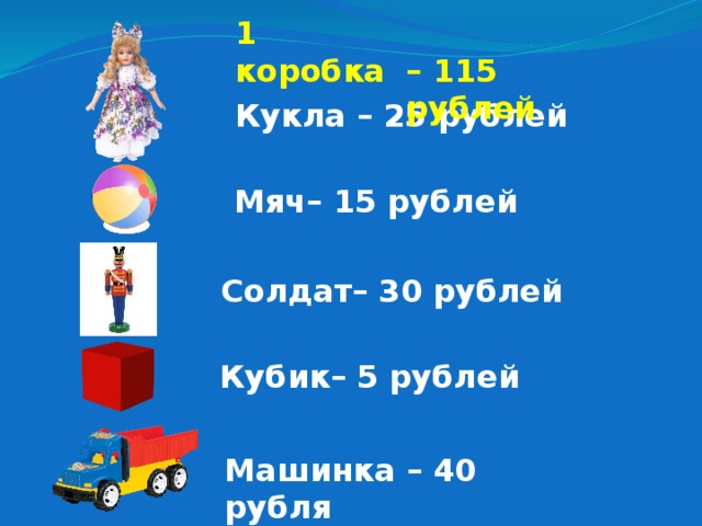 1 коробка – 115 рублей Кукла – 25 рублей Мяч– 15 рублей Солдат– 30 рублей Кубик– 5 рублей Машинка – 40 рубля 