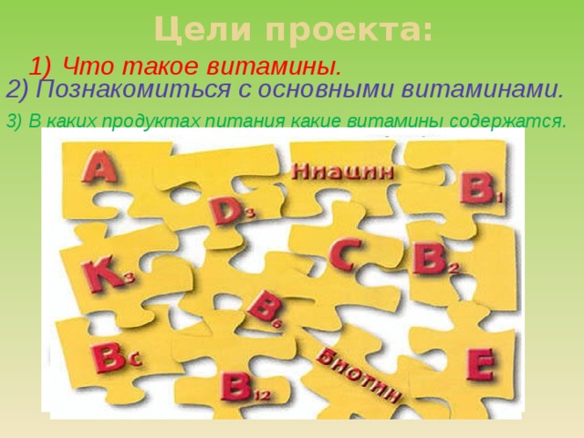 Цели проекта: Что такое витамины. 2) Познакомиться с основными витаминами. 3) В каких продуктах питания какие витамины содержатся. 