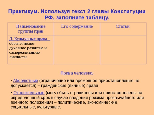 Глава 2 Конституции РФ таблица прав. Заполните таблицу используя Конституцию РФ глава 2. Тест по главам конституции рф