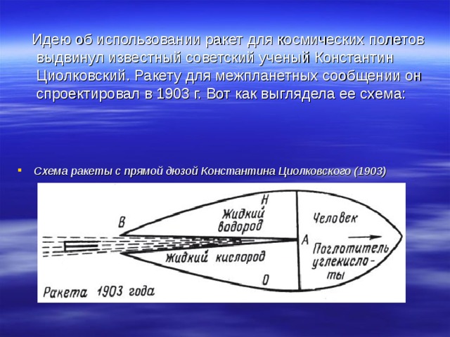  Идею об использовании ракет для космических полетов выдвинул известный советский ученый Константин Циолковский. Ракету для межпланетных сообщении он спроектировал в 1903 г. Вот как выглядела ее схема: Схема ракеты с прямой дюзой Константина Циолковского (1903) 