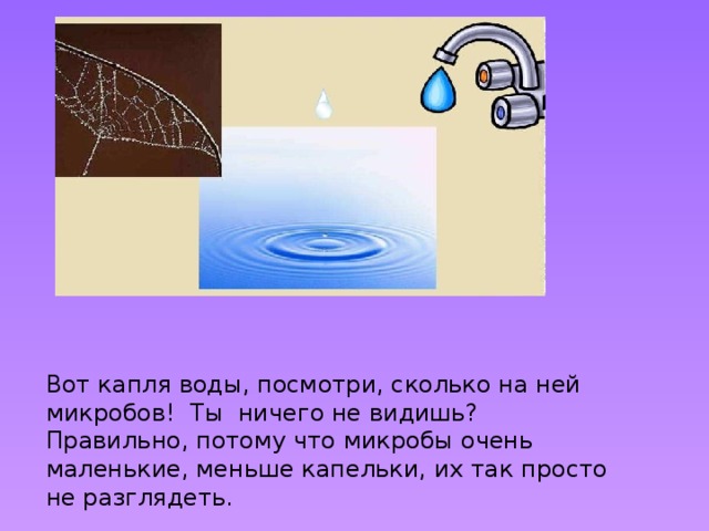 Вот капля воды, посмотри, сколько на ней микробов! Ты ничего не видишь? Правильно, потому что микробы очень маленькие, меньше капельки, их так просто не разглядеть.  