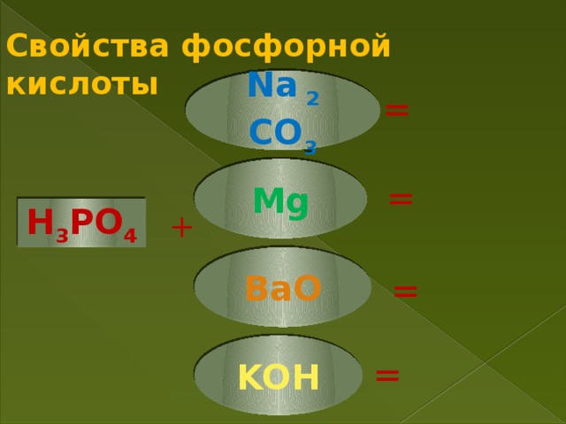 Свойства фосфорной кислоты Na  2  CO 3 = Mg = Н 3 РО 4  + BaO = KOH =