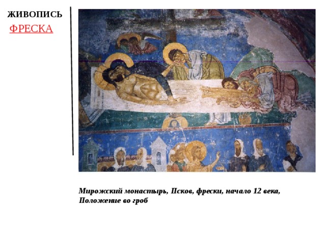 ЖИВОПИСЬ ФРЕСКА Мирожский монастырь, Псков, фрески, начало 12 века, Положение во гроб 