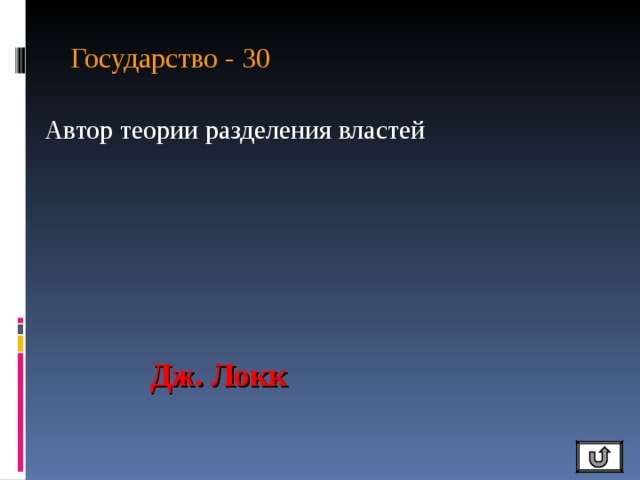 Государство - 30 Автор теории разделения властей Дж. Локк 