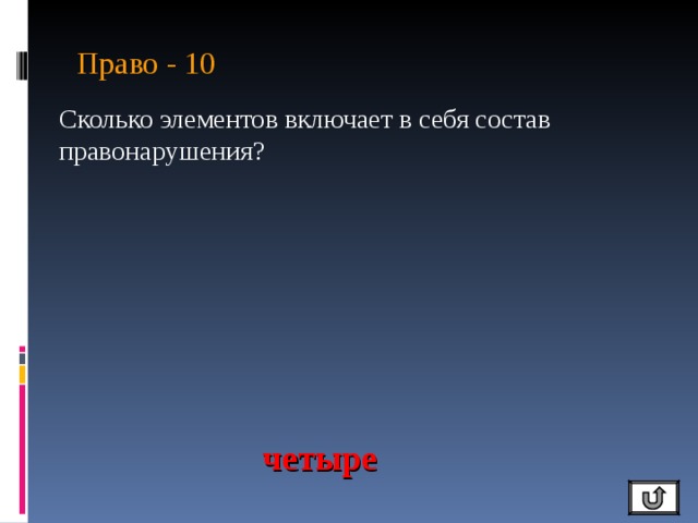 Право - 10 Сколько элементов включает в себя состав правонарушения? четыре 