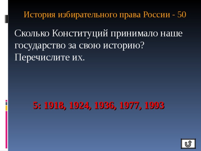 История избирательного права России - 50   Сколько Конституций принимало наше государство за свою историю? Перечислите их.  5: 1918, 1924, 1936, 1977, 1993 