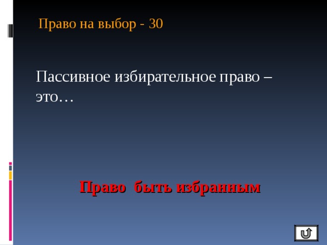 Право на выбор - 30   Пассивное избирательное право – это… Право быть избранным 