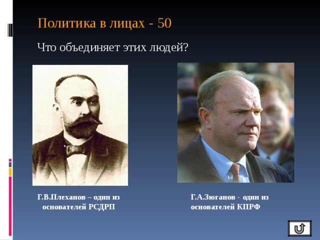 Политика в лицах - 50   Что объединяет этих людей? Г.В.Плеханов – один из основателей РСДРП Г.А.Зюганов - один из основателей КПРФ  