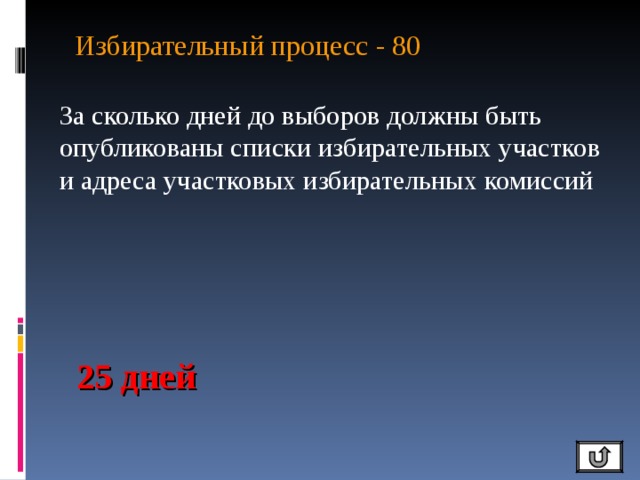 Избирательный процесс - 80   За сколько дней до выборов должны быть опубликованы списки избирательных участков и адреса участковых избирательных комиссий 25 дней 