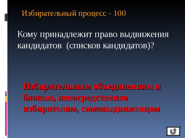 Избирательный процесс - 100   Кому принадлежит право выдвижения кандидатов (списков кандидатов)? Избирательным объединениям и блокам, непосредственно избирателям, самовыдвиженцам 