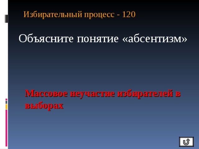 Избирательный процесс - 120   Объясните понятие «абсентизм» Массовое неучастие избирателей в выборах 