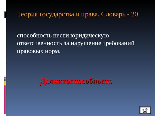 Теория государства и права. Словарь - 20   способность нести юридическую ответственность за нарушение требований правовых норм. Деликтоспособность 